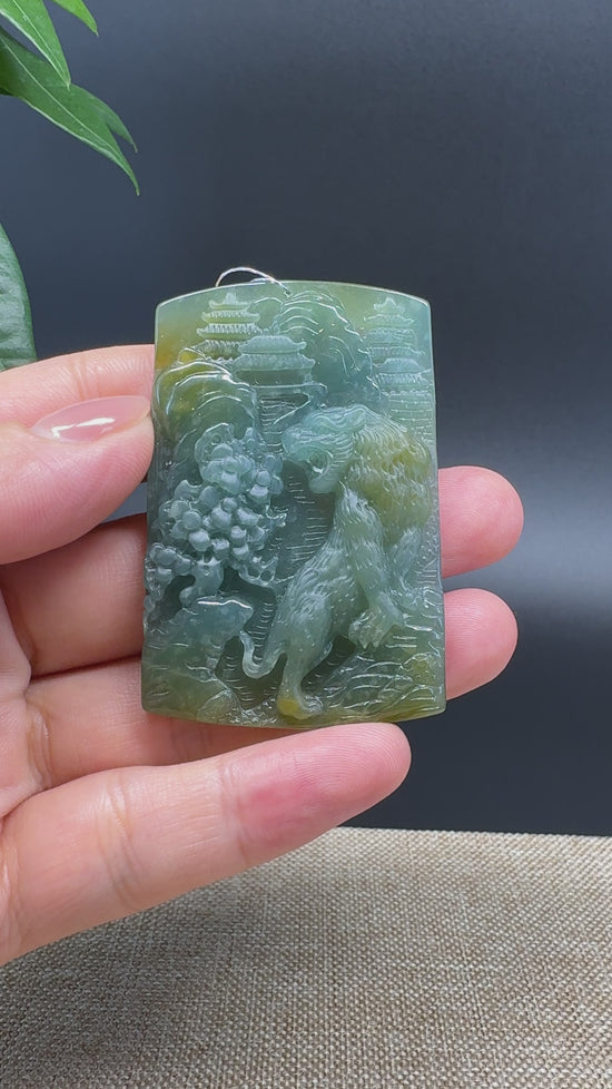 Load and play video in Gallery viewer, RealJade® Co. High Natural Guatemalan Blue Jadeite Jade Tiger Pendant
