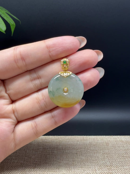 Load and play video in Gallery viewer, &amp;quot;Good Luck Button&amp;quot;Icy Yellow Green Jadeite Jade Lucky KouKou Pendant With 18K Yellow Gold Bail
