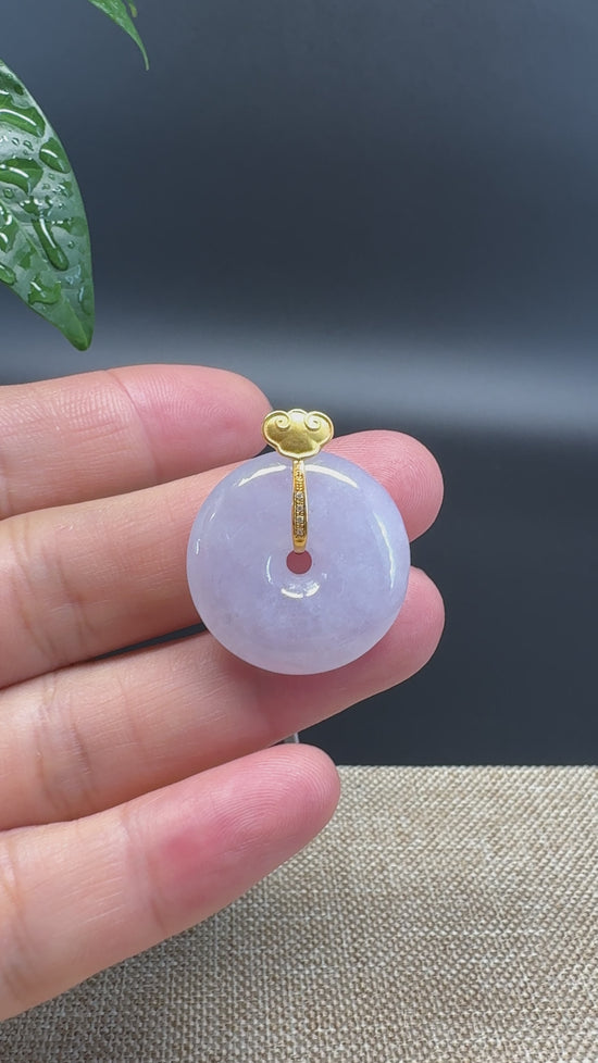 Load and play video in Gallery viewer, &amp;quot;Good Luck Button&amp;quot; Lavender Jadeite Jade Lucky KouKou Pendant With 18K Yellow Gold Bail
