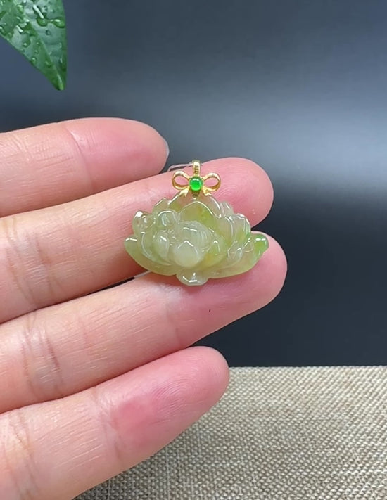 Load and play video in Gallery viewer, RealJade® Co. Genuine Ice Yellow Green  Jadeite Jade Good Lotus Bottle Gourd Necklace With 18K Yellow Gold Bail
