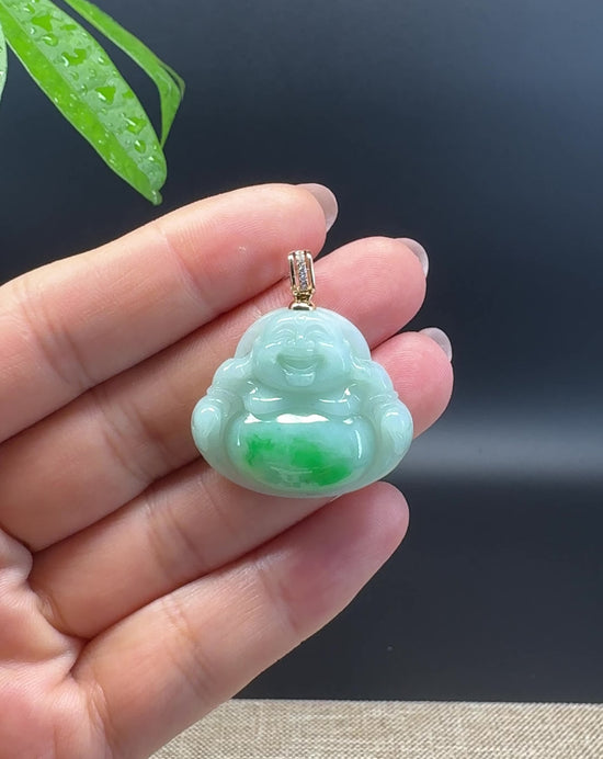 Load and play video in Gallery viewer, Genuine Burmese Green Jadeite Jade Happy Buddha Pendant with Diamond Bail
