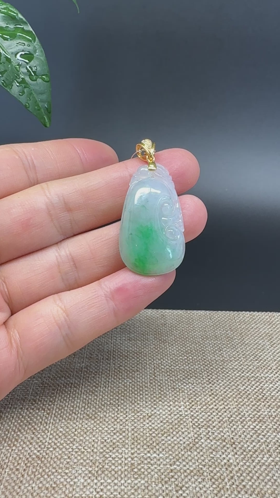 Load and play video in Gallery viewer, RealJade® Co. Genuine Ice Blue Green Jadeite Jade Good Ru Yi Bottle Gourd Necklace With 18K Yellow Gold Bail
