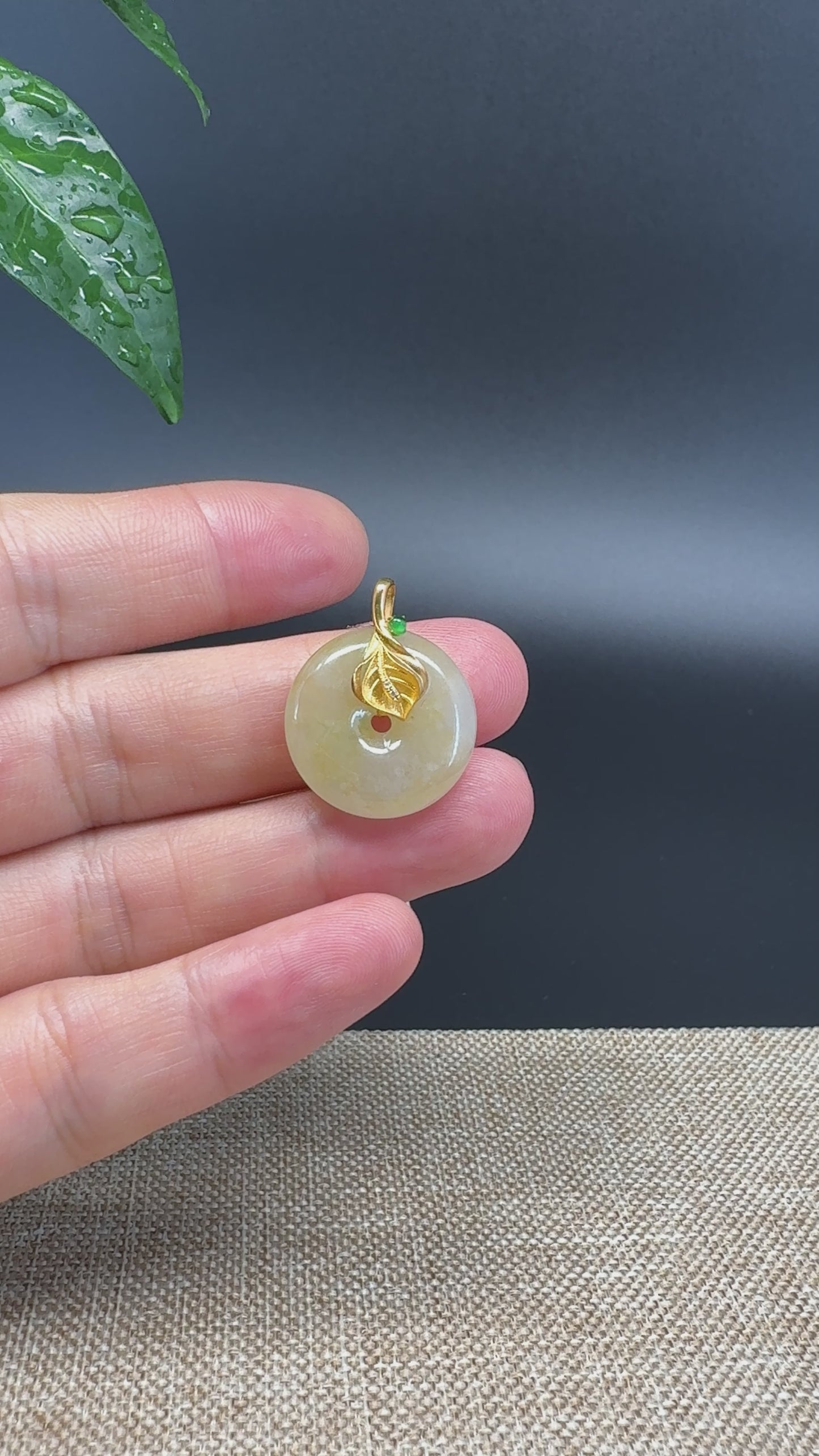 Load and play video in Gallery viewer, &amp;quot;Good Luck Button&amp;quot; Yellow Jadeite Jade Lucky KouKou Pendant With 18K Yellow Gold Bail
