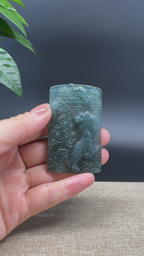 Load and play video in Gallery viewer, RealJade® Co. High Natural Guatemalan Blue Jadeite Jade Tiger Pendant
