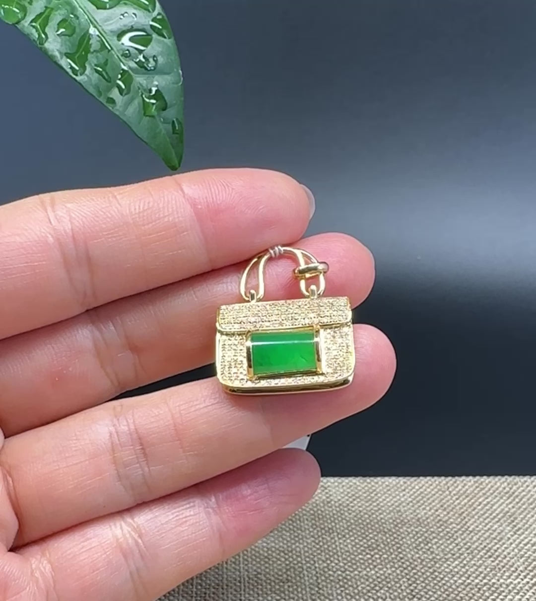 Load and play video in Gallery viewer, RealJade® Co. Genuine Burmese Imperial Jadeite Jade Bag Pendant with 18k Yellow Gold Diamond Bail
