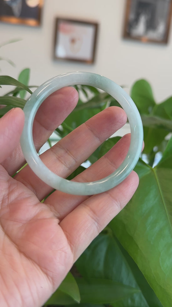 Load and play video in Gallery viewer, RealJade® Co. &amp;quot;Petite&amp;quot; Natural Burmese Blue-green Jadeite Jade Bangle Bracelet (55.57 mm) #T062
