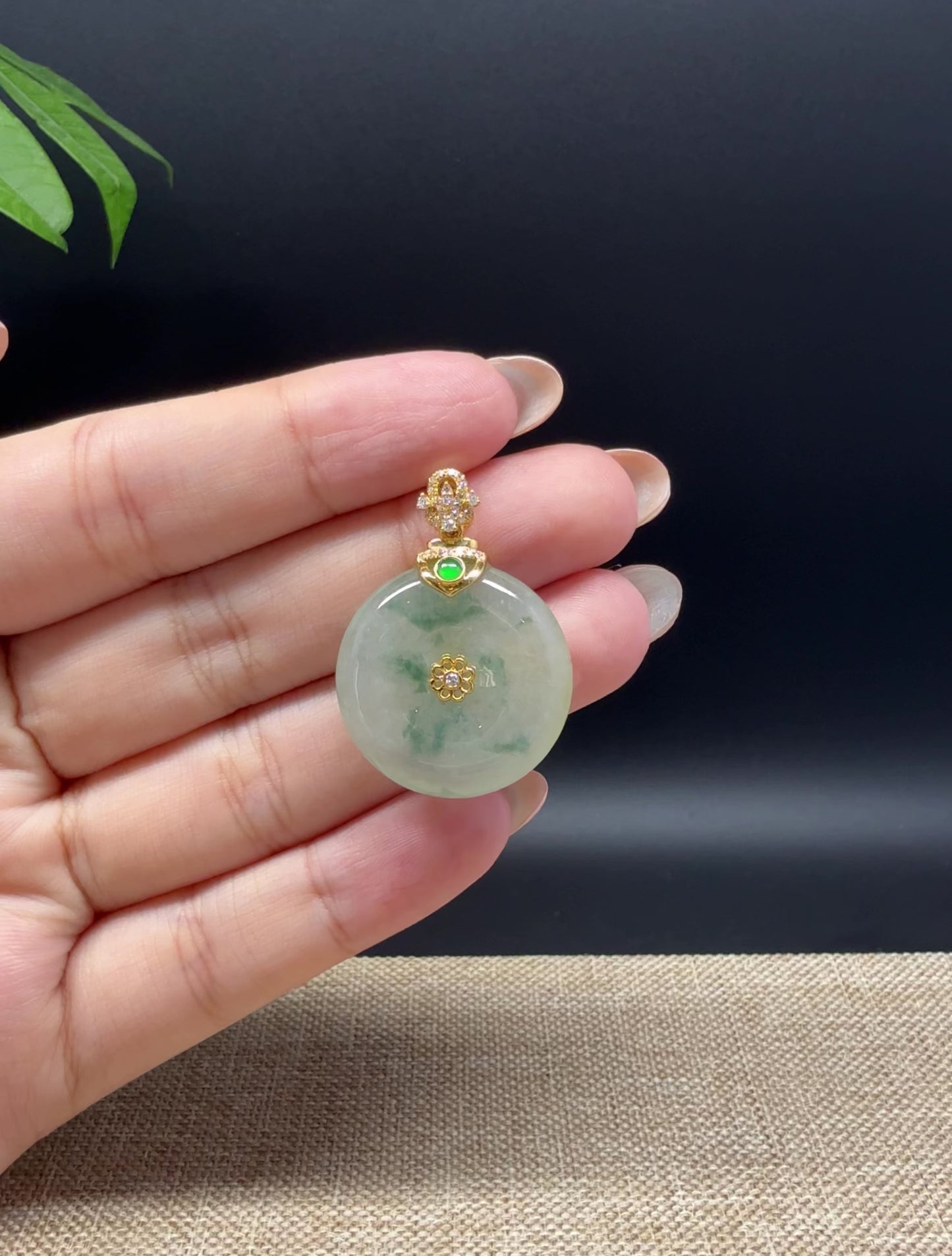 Load and play video in Gallery viewer, &amp;quot;Good Luck Button&amp;quot; icy Yellow Green Jadeite Jade Lucky KouKou Pendant With 18K Yellow Gold Bail
