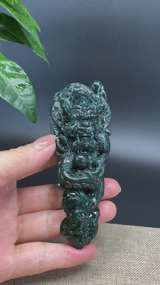 Load and play video in Gallery viewer, RealJade® Co. High Natural Guatemalan Blue Jadeite Jade Dragon Pendant
