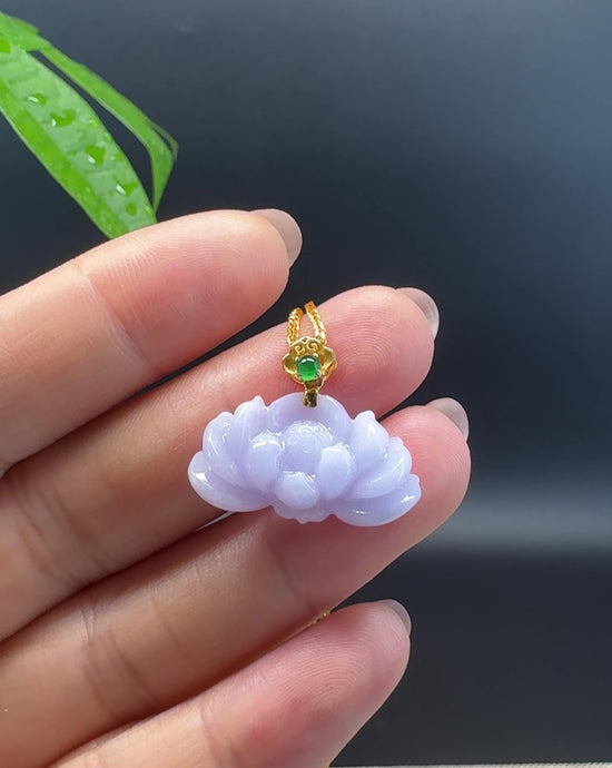 Load and play video in Gallery viewer, RealJade® Co. Genuine Lavender Jadeite Jade Good Lotus  Necklace With 18K Yellow Gold Bail
