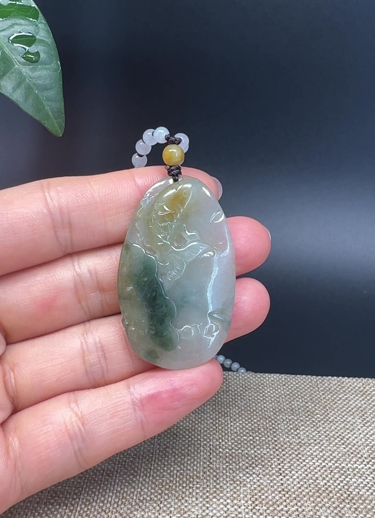 Load and play video in Gallery viewer, RealJade® Co. Genuine Burmese Jadeite Jade Yellow Green Fish Pendant Necklace
