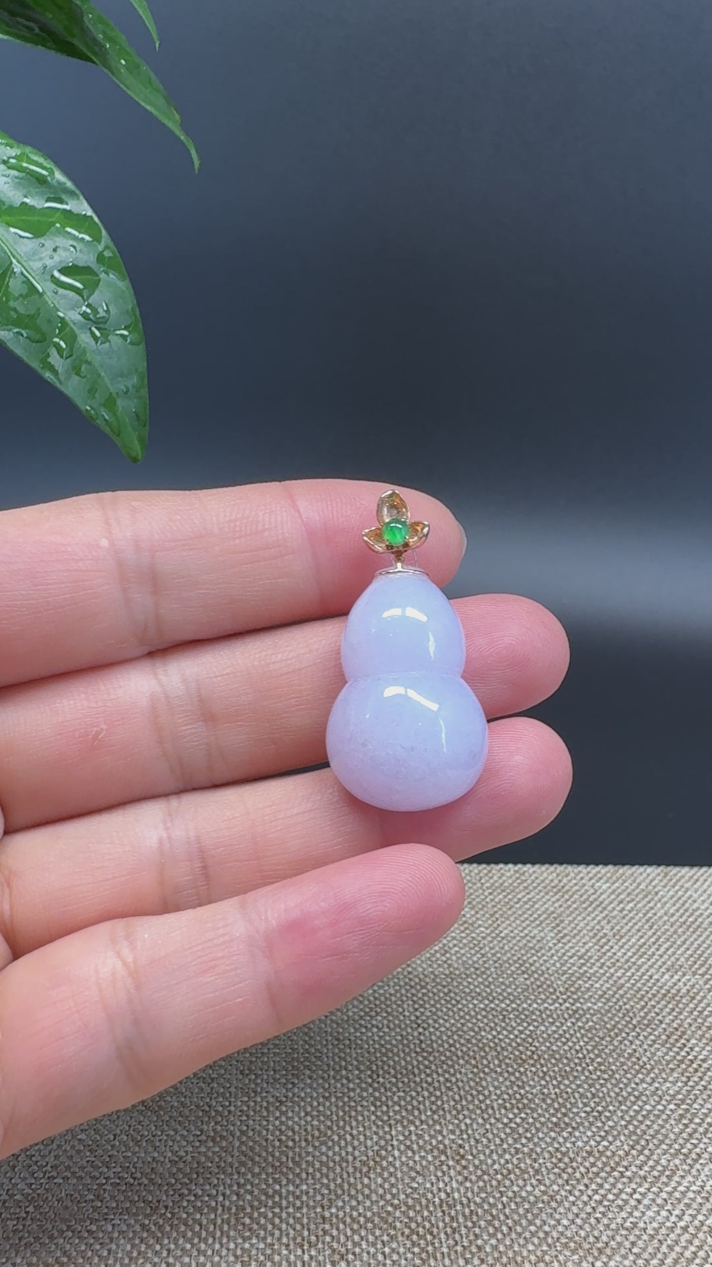 Load and play video in Gallery viewer, RealJade® Co. Genuine Lavender Jadeite Jade Good Luck Hulu Bottle Gourd Necklace With 18K Yellow Gold Bail
