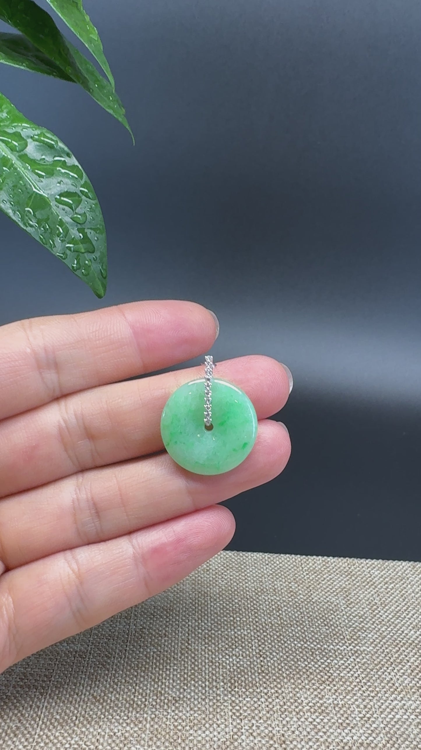 Load and play video in Gallery viewer, &amp;quot;Good Luck Button&amp;quot; Green Jadeite Jade Lucky KouKou Pendant With 18K White Gold Diamond Bail
