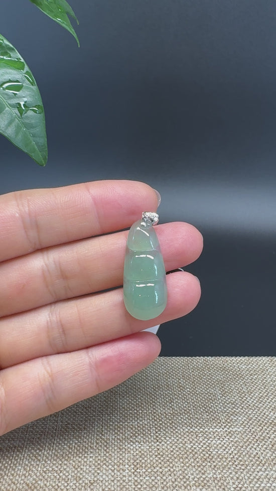 Load and play video in Gallery viewer, RealJade® Co. Genuine Icy Green  Jadeite Jade Bean Necklace With 18K White Gold Bail
