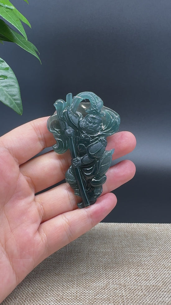 Load and play video in Gallery viewer, RealJade® Co. High Natural Guatemalan Blue Jadeite Jade Zhong Kui Pendant
