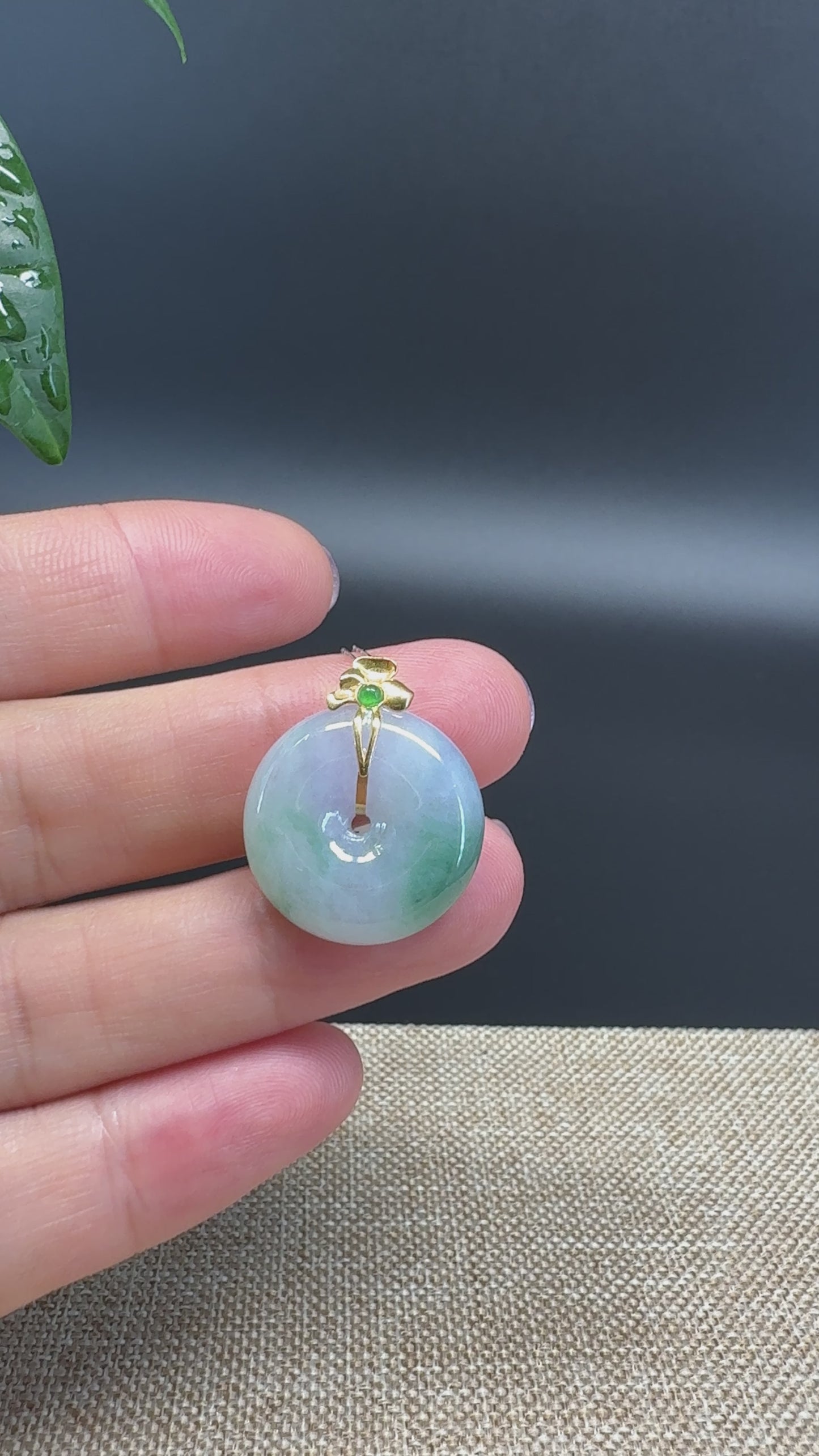 Load and play video in Gallery viewer, &amp;quot;Good Luck Button&amp;quot;Lavender Green Jadeite Jade Lucky KouKou Pendant With 18K Yellow Gold  Bail
