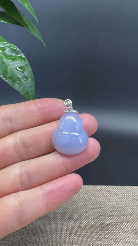 Load and play video in Gallery viewer, RealJade® Co. Genuine Lavender Jadeite Jade Good Luck Hulu Bottle Gourd Necklace With 18K White Gold Bail
