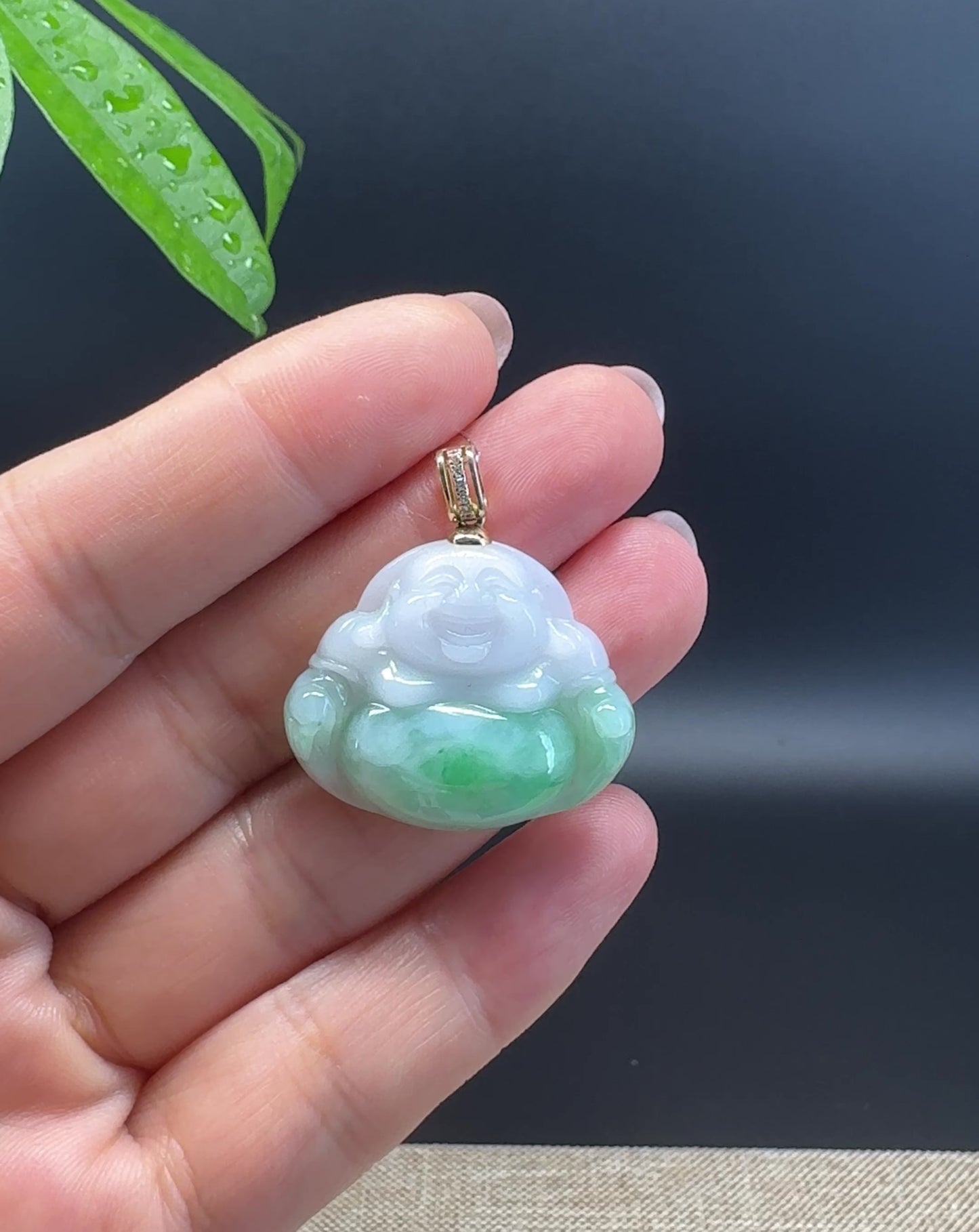 Load and play video in Gallery viewer, 14K Yellow Gold Burmese White Green Jadeite Jade Happy Buddha Pendant with Diamond
