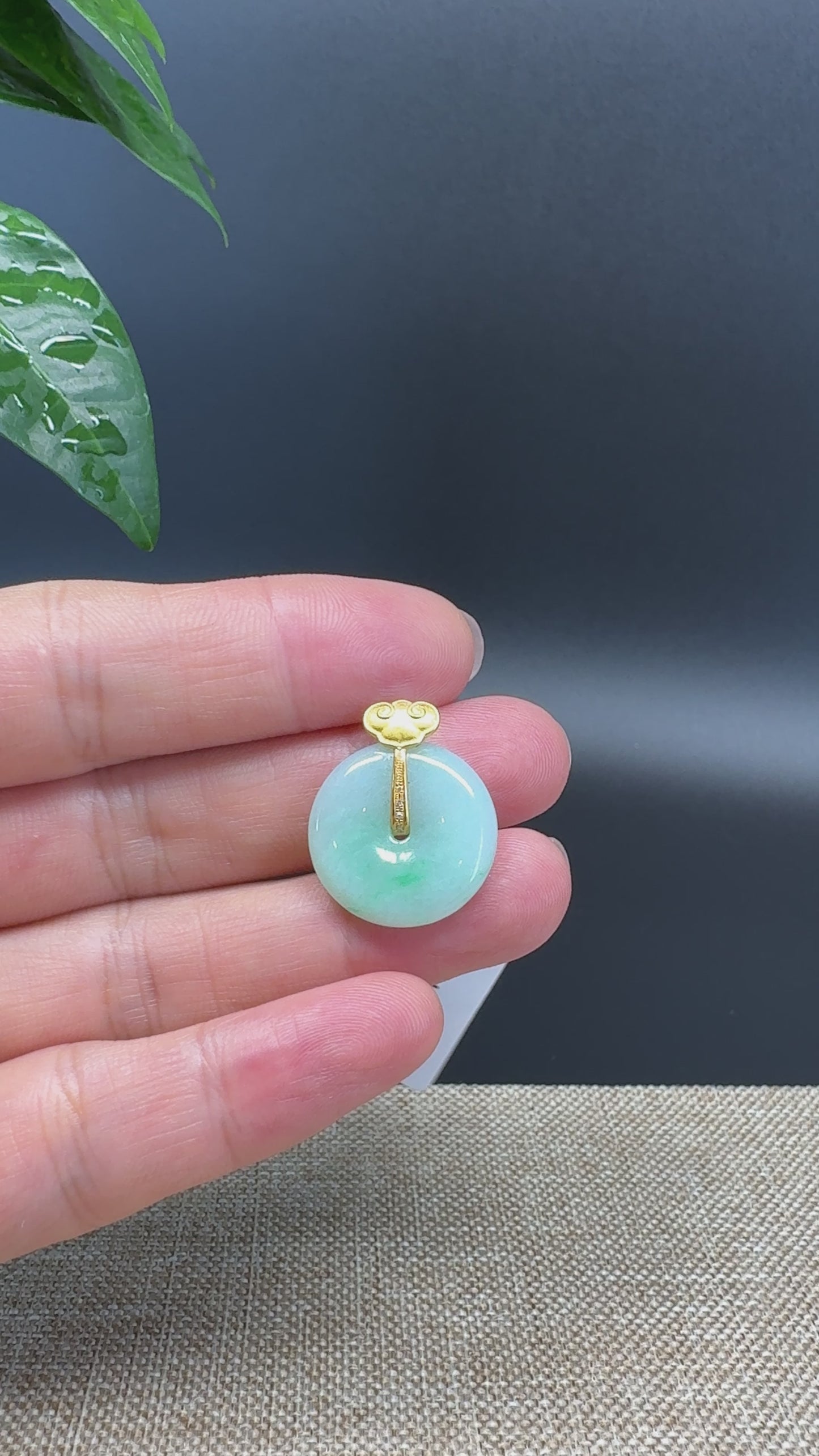 Load and play video in Gallery viewer, &amp;quot;Good Luck Button&amp;quot; Green Jadeite Jade Lucky KouKou Pendant With 18K Yellow Gold Bail
