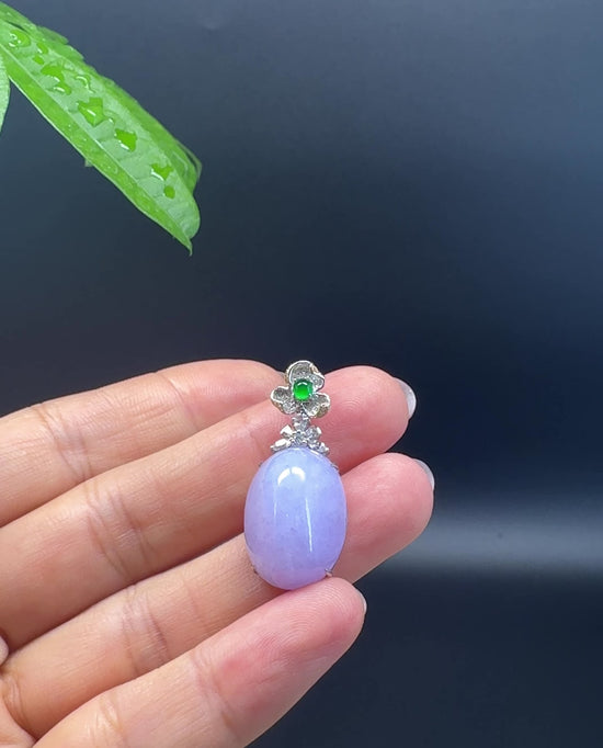 Load and play video in Gallery viewer, RealJade® Co. Luxury Genuine Lavender Jadeite Jade Cabochon Necklace With 18K White Gold Bail
