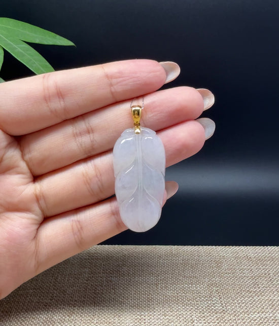 Load and play video in Gallery viewer, RealJade® Co. Genuine Ice Jadeite Jade Jin Zhi Yu Ye (Leaf) Necklace With 18K Yellow Gold Bail
