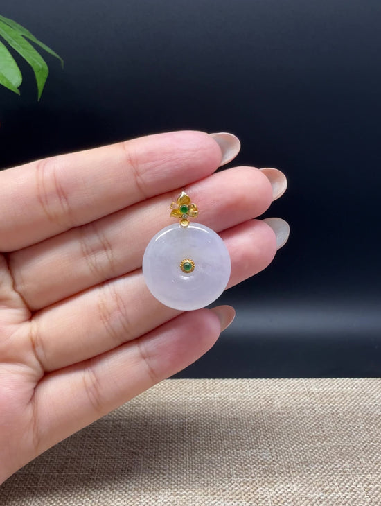 Load and play video in Gallery viewer, &amp;quot;Good Luck Button&amp;quot; Icy Lavender Jadeite Jade Lucky KouKou Pendant With 18K Yellow Gold Bail
