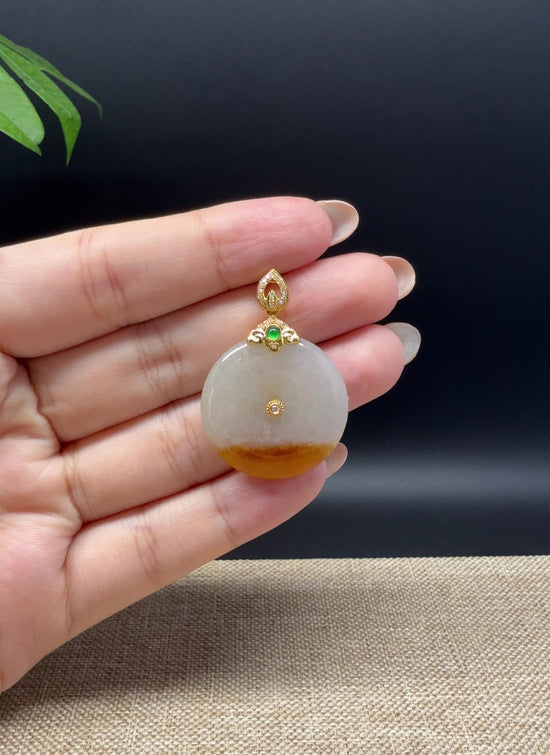 Load and play video in Gallery viewer, &amp;quot;Good Luck Button&amp;quot; Yellow Jadeite Jade Lucky KouKou Pendant With 18K Yellow Gold Bail
