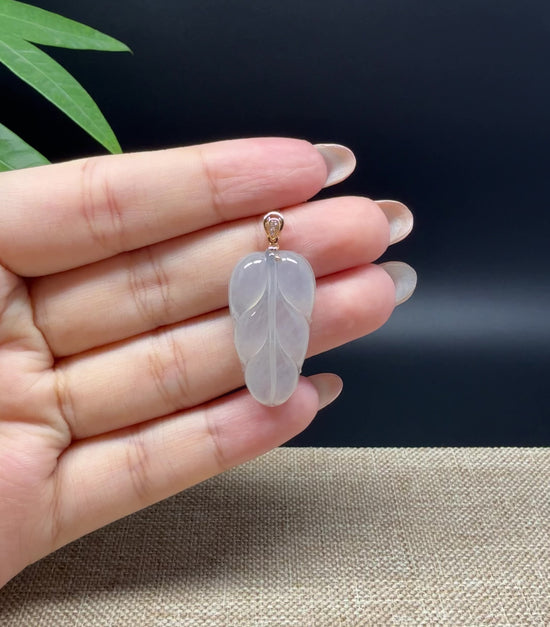 Load and play video in Gallery viewer, RealJade® Co. Genuine Ice Jadeite Jade Jin Zhi Yu Ye (Leaf) Necklace With 18K Yellow Gold Bail
