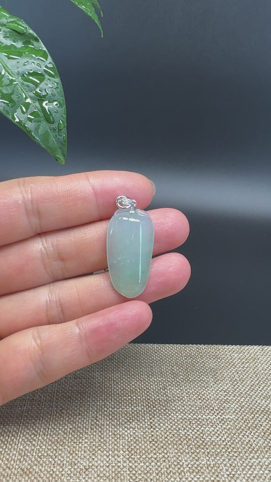 Load and play video in Gallery viewer, &amp;quot;Good Luck Button&amp;quot; Icy Green Jadeite Jade Shou Tao Pendant With 18K White Gold Bail
