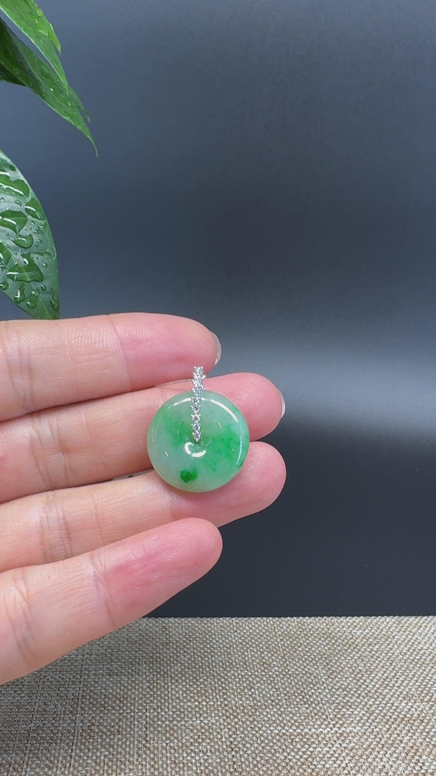 Load and play video in Gallery viewer, &amp;quot;Good Luck Button&amp;quot; Green Jadeite Jade Lucky KouKou Pendant With 18K White Gold Diamond Bail
