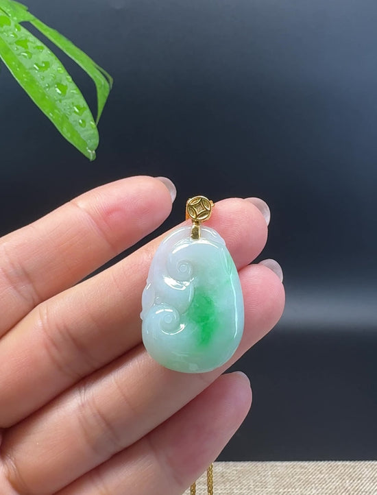 Load and play video in Gallery viewer, RealJade® Co. Genuine White Green Jadeite Jade Good Luck RuYi Necklace With 18K Yellow Gold Bail
