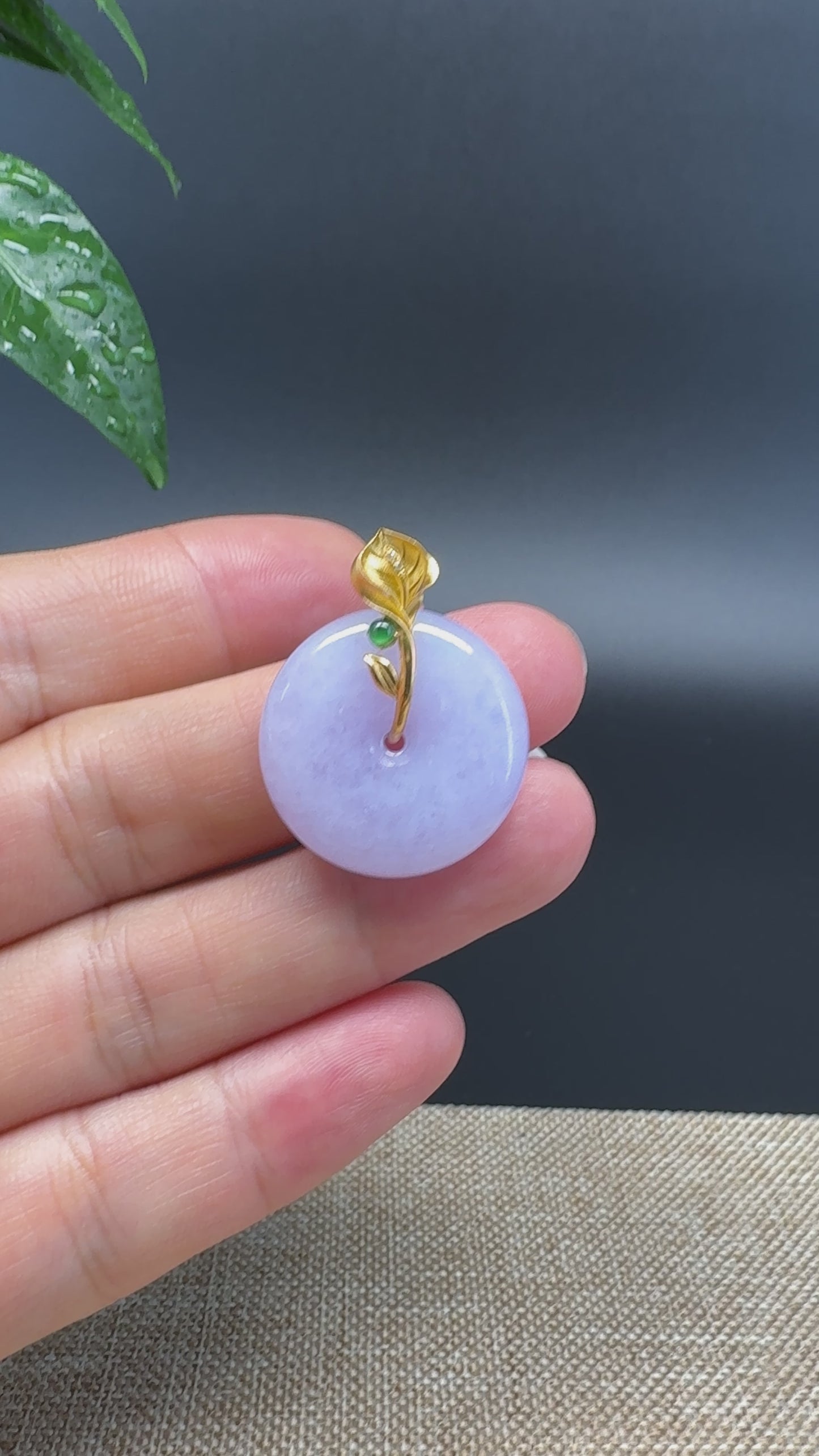 Load and play video in Gallery viewer, &amp;quot;Good Luck Button&amp;quot; Lavender Jadeite Jade Lucky KouKou Pendant With 18K Yellow Gold  Bail
