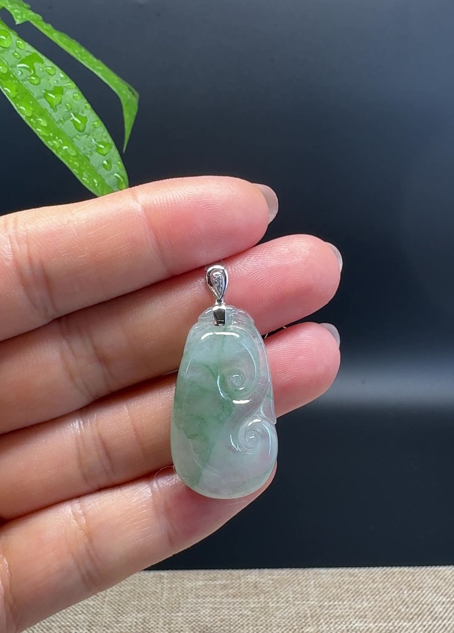 Load and play video in Gallery viewer, RealJade® Co. Genuine Icy Green Jadeite Jade Good Luck RuYi Necklace With 18K  White Gold Bail
