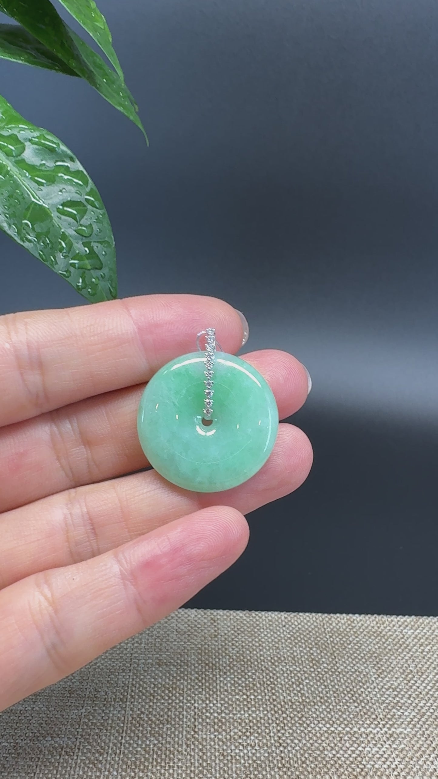 Load and play video in Gallery viewer, &amp;quot;Good Luck Button&amp;quot; Green Jadeite Jade Lucky KouKou Pendant With 18K White Gold Diamond Bail
