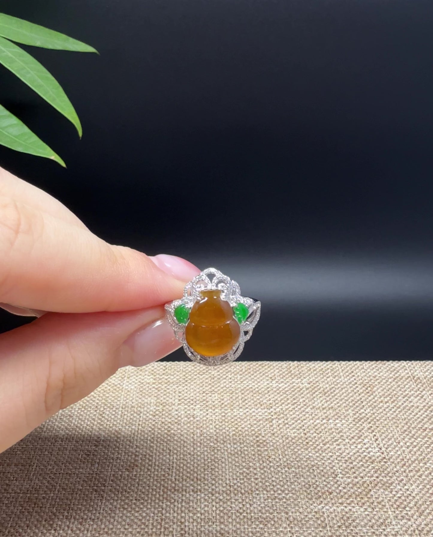 Load and play video in Gallery viewer, RealJade® &amp;quot;Amelie&amp;quot; 18k White Gold Natural Yellow Jadeite Hulu Ring With Diamonds
