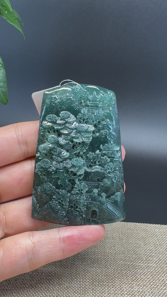 Load and play video in Gallery viewer, RealJade® Co. High Natural Guatemalan Blue Jadeite Jade Landscape Pendant
