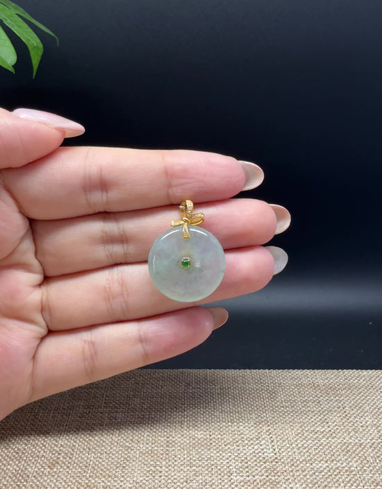 Load and play video in Gallery viewer, &amp;quot;Good Luck Button&amp;quot;Icy Blue Green Jadeite Jade Lucky KouKou Pendant With 18K Yellow Gold Bail
