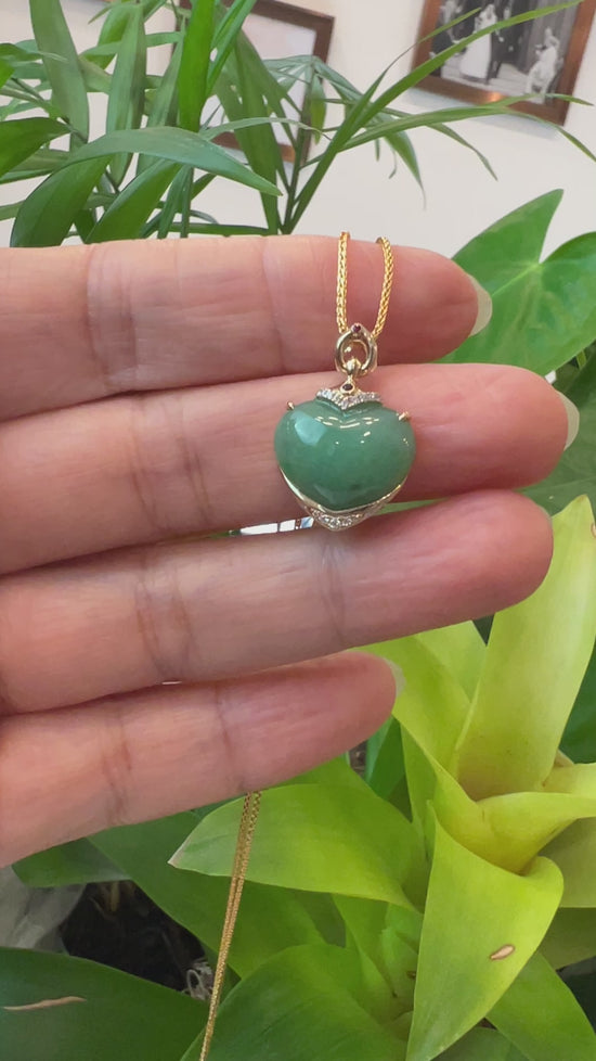 Load and play video in Gallery viewer, RealJade® Co. 14K Yellow Gold Genuine Burmese Green Jadeite Jade Heart Pendant with VS1 Diamonds High Jewelry
