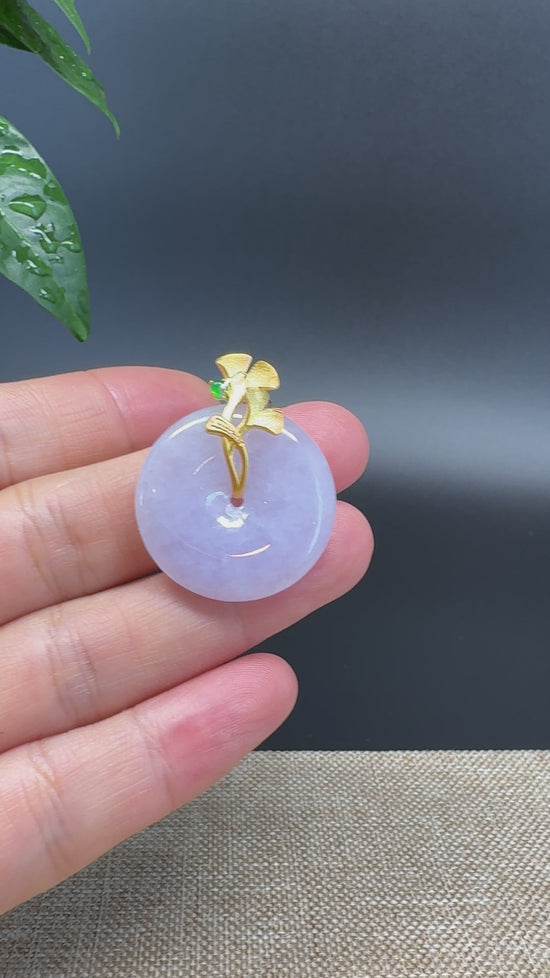 Load and play video in Gallery viewer, &amp;quot;Good Luck Button&amp;quot; Lavender Jadeite Jade Lucky KouKou Pendant With 18K Yellow Gold Bail
