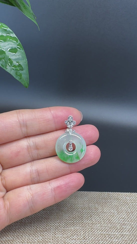 Load and play video in Gallery viewer, &amp;quot;Good Luck Button&amp;quot; Icy Green Jadeite Jade Lucky KouKou Pendant With 18K White Gold Diamond Bail
