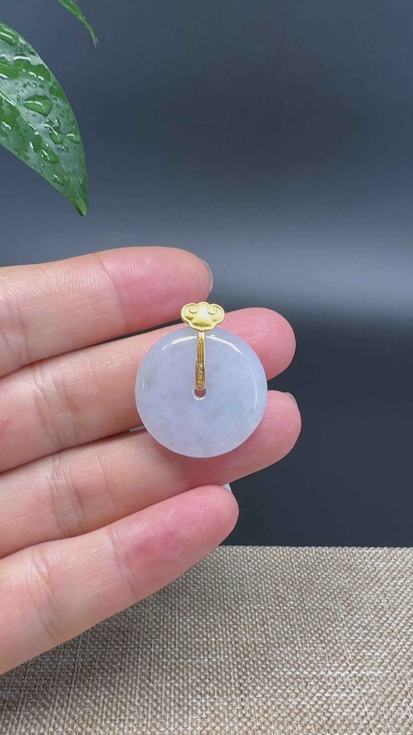 Load and play video in Gallery viewer, &amp;quot;Good Luck Button&amp;quot; Ice Jadeite Jade Lucky KouKou Pendant With 18K Yellow Gold Bail
