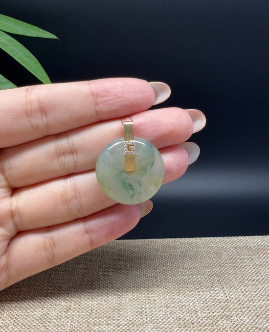 Load and play video in Gallery viewer, &amp;quot;Good Luck Button&amp;quot; Icy Yellow Green Jadeite Jade Lucky KouKou Pendant With 18K Yellow Gold Bail
