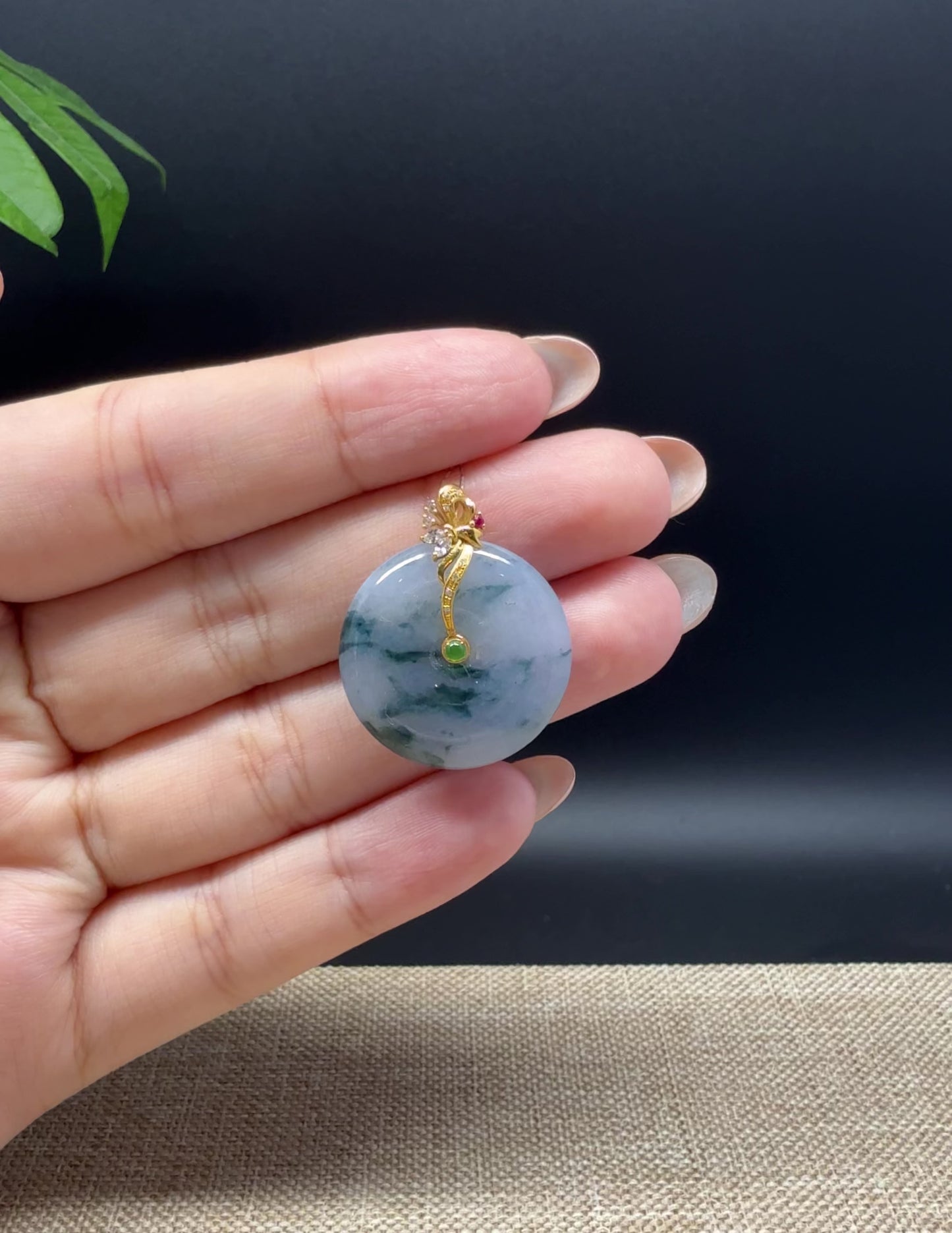 Load and play video in Gallery viewer, &amp;quot;Good Luck Button&amp;quot; Blue Lavender Jadeite Jade Lucky KouKou Pendant With 18K Yellow Gold Bail
