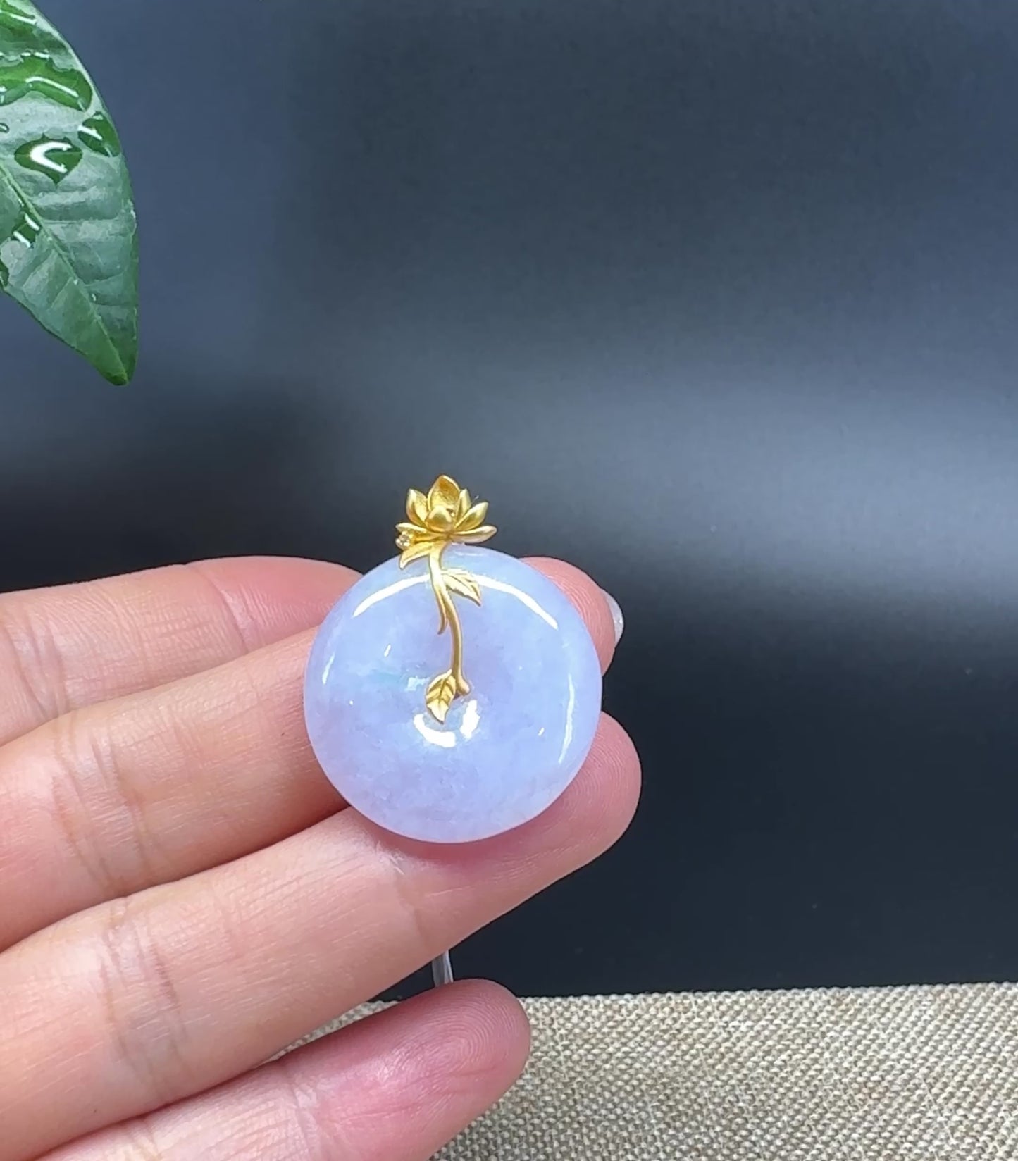 Load and play video in Gallery viewer, &amp;quot;Good Luck Button&amp;quot;Lavender Jadeite Jade Lucky KouKou Pendant With 18K Yellow Gold Bail
