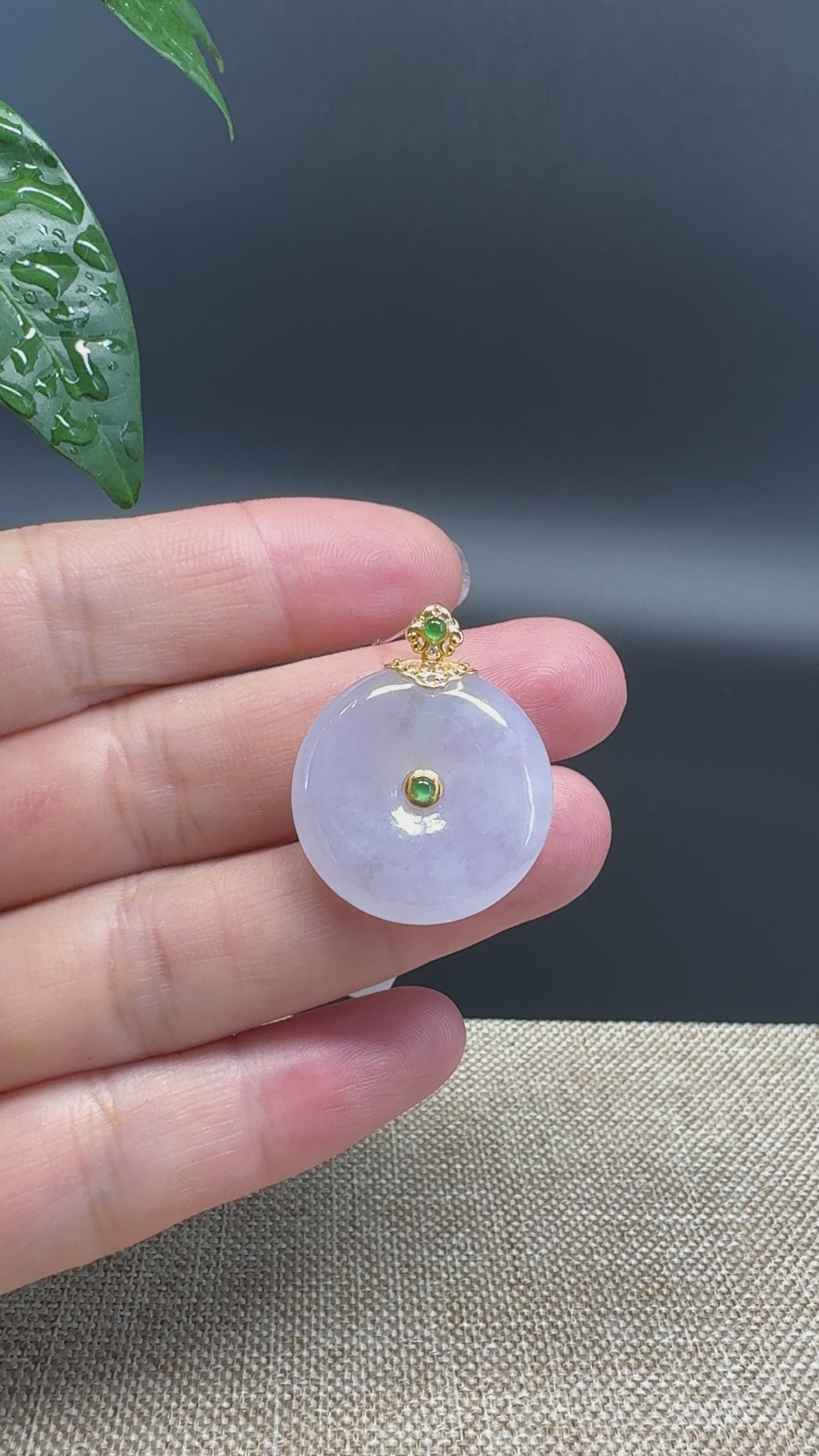 Load and play video in Gallery viewer, &amp;quot;Good Luck Button&amp;quot; Lavender Jadeite Jade Lucky KouKou Pendant With 18K Yellow Gold  Bail
