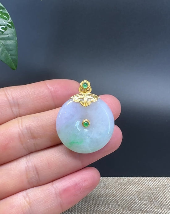 Load and play video in Gallery viewer, &amp;quot;Good Luck Button&amp;quot;Lavender Green Jadeite Jade Lucky KouKou Pendant With 18K Yellow Gold Bail
