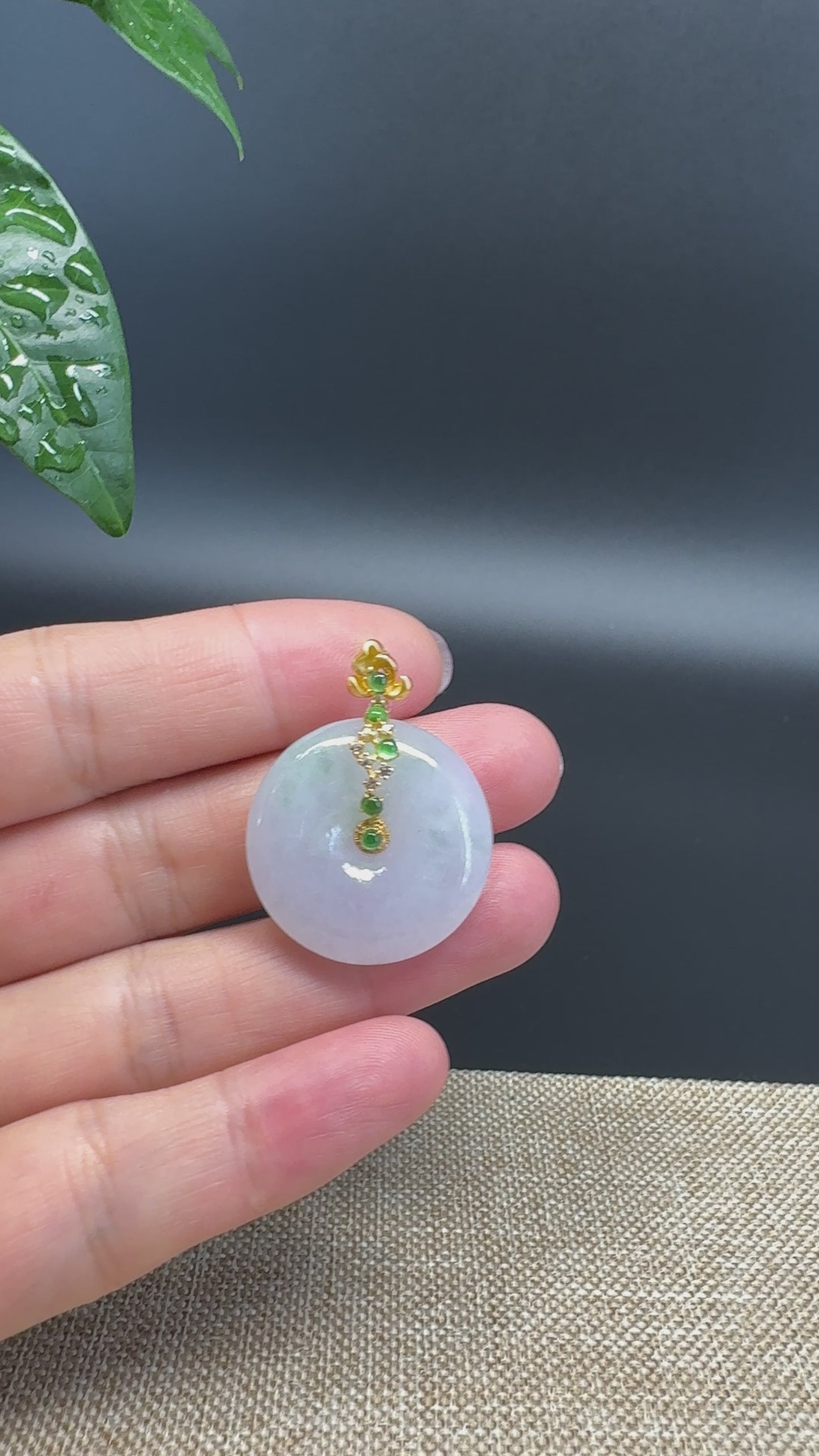 Load and play video in Gallery viewer, &amp;quot;Good Luck Button&amp;quot; Lavender Jadeite Jade Lucky KouKou Pendant With 18K Yellow Gold  Bail
