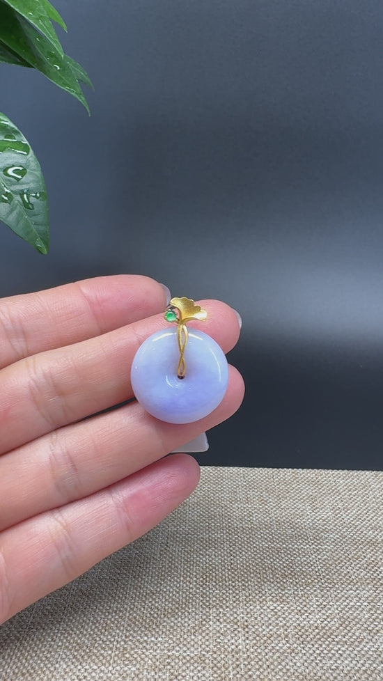 Load and play video in Gallery viewer, &amp;quot;Good Luck Button&amp;quot; Lavender Jadeite Jade Lucky KouKou Pendant With 18K Yellow Gold  Bail
