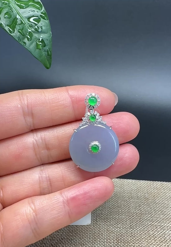 Load and play video in Gallery viewer, &amp;quot;Good Luck Button&amp;quot; Icy Lavender Jadeite Jade Lucky KouKou Pendant With 18K White Gold Bail
