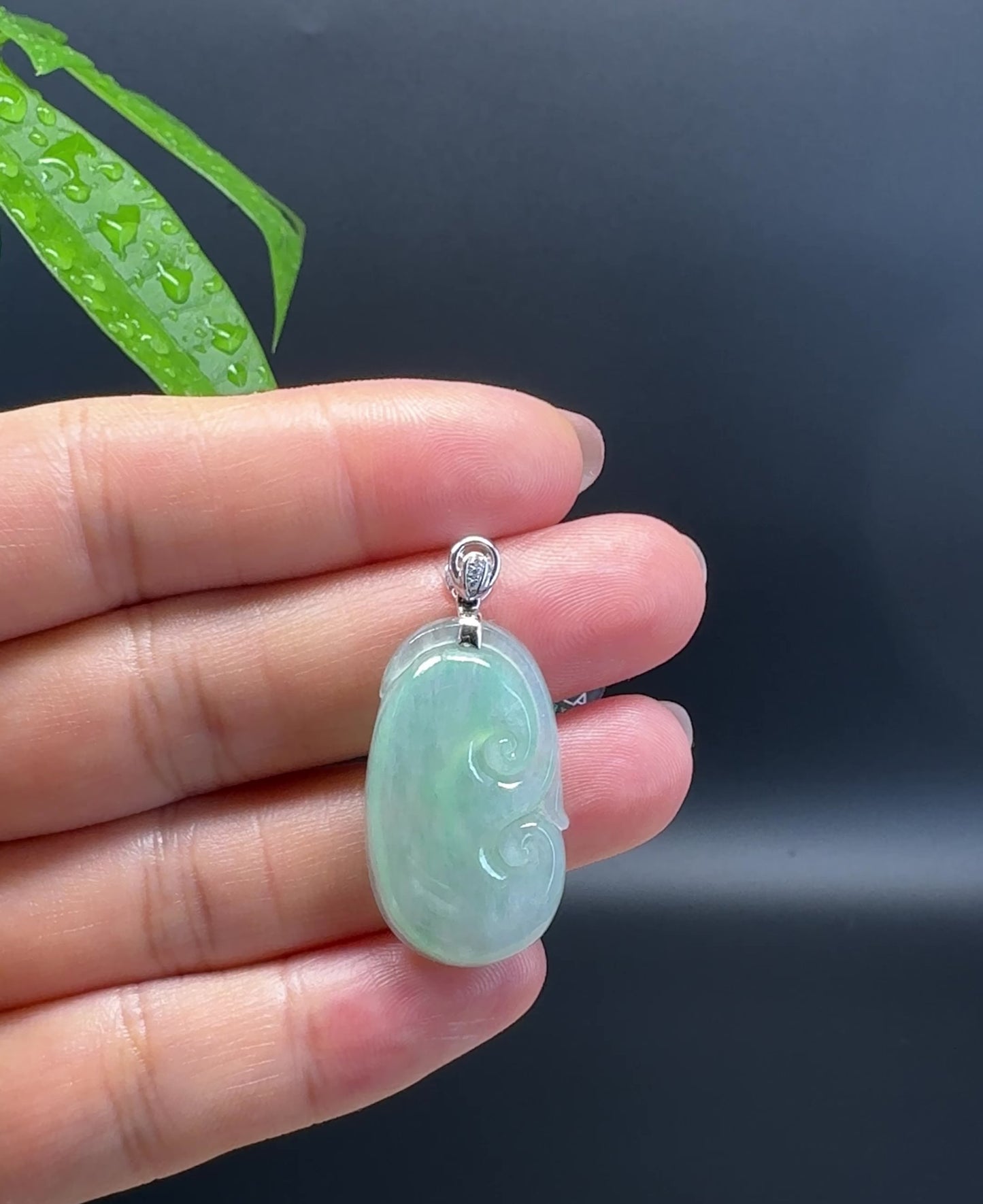 Load and play video in Gallery viewer, RealJade® Co. Genuine Icy Green Jadeite Jade Good Luck RuYi Necklace With 18K  White Gold Bail
