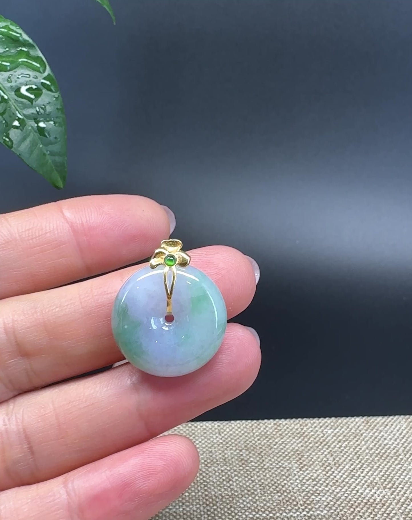 Load and play video in Gallery viewer, &amp;quot;Good Luck Button&amp;quot;Lavender Green Jadeite Jade Lucky KouKou Pendant With 18K Yellow Gold  Bail
